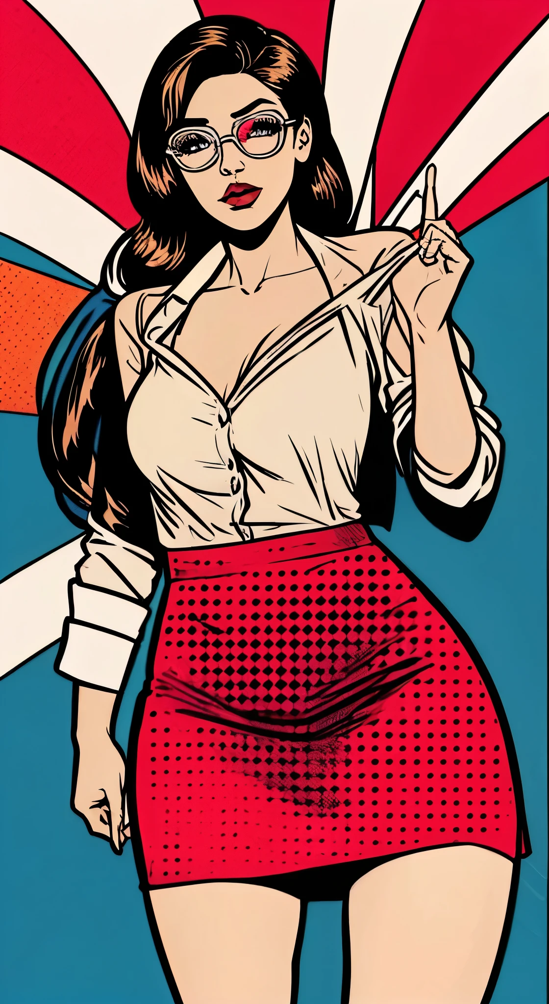 Coloca al personaje en diferentes situaciones y escenarios, varia sus poses, Acciones, gestos y expresiones, change his clothes for a white shirt, He also changes the color of his eyes to brown., put prescription glasses on her and keep the skirt on so you lose your sexy and provocative secretary style.