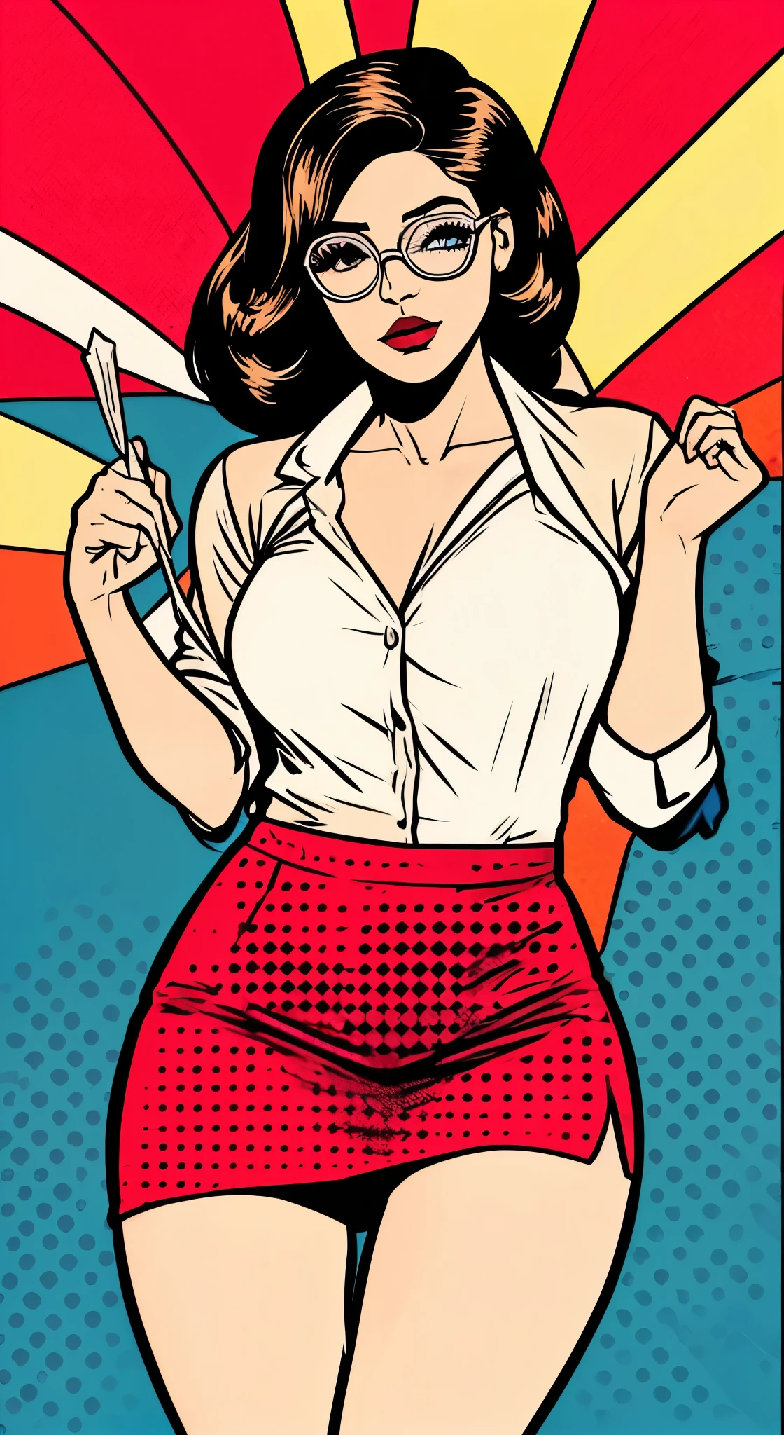 Coloca al personaje en diferentes situaciones y escenarios, varia sus poses, Acciones, gestos y expresiones, change his clothes for a white shirt, He also changes the color of his eyes to brown., put prescription glasses on her and keep the skirt on so you lose your sexy and provocative secretary style.