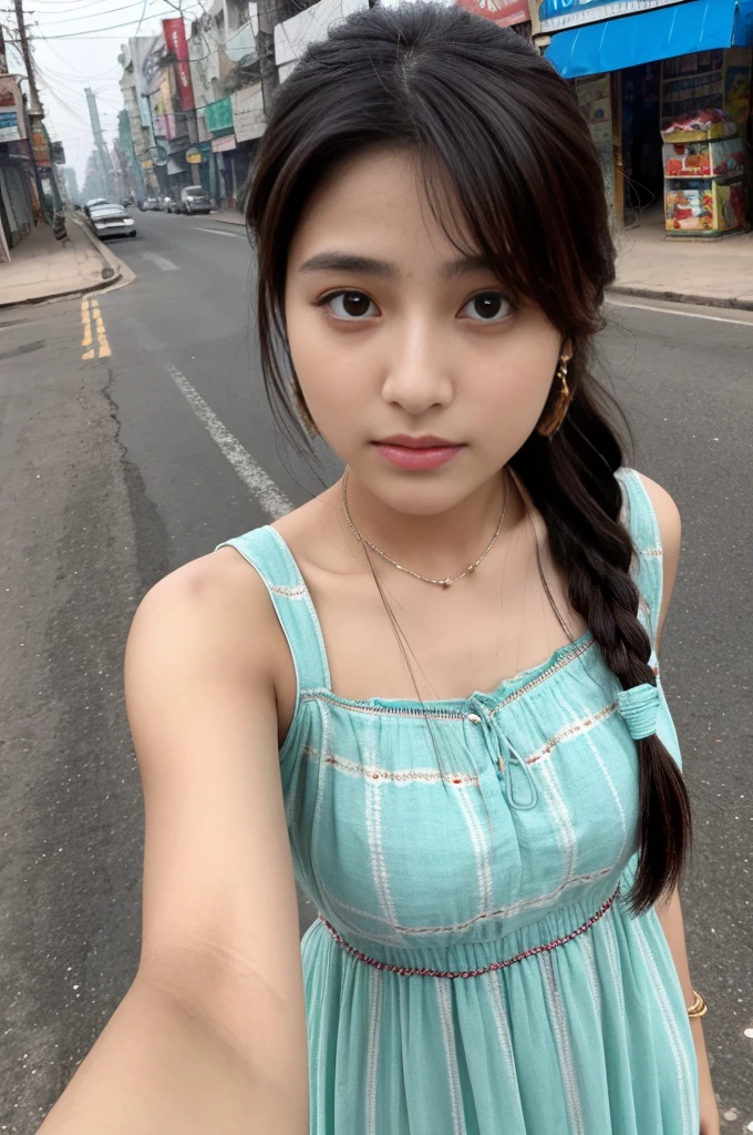 a woman in textile maxi dress, in front of a desolate street of india,1 woman, selfie, Korean idols, japanese beauty, high quality, (detailed face:1.4) best quality,8k,