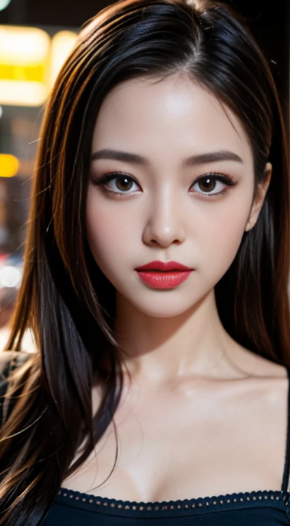 A girl, long hair, half picture, city, future, science fiction, black silk, shorts, night scene, midnight, blue light, neon, night, face close-up, delicate features, beautiful girl, beauty, charming,fashi-girl,red lips,realistic,makeup,