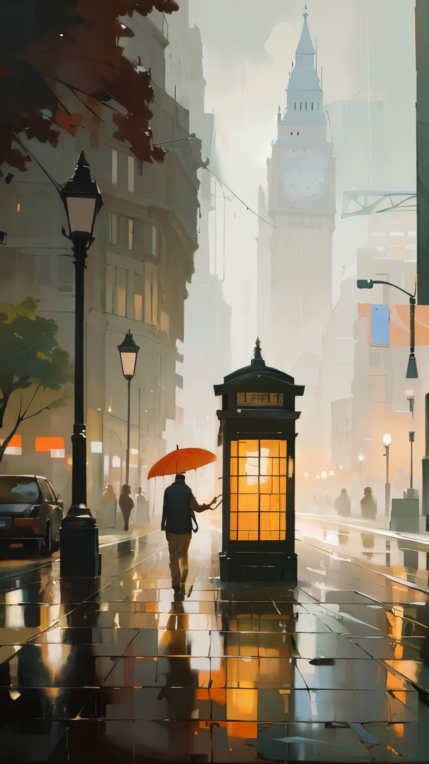Illustration of a man walking down the street holding an umbrella, london의 젖은 거리에서, stunning art, Amazing painting, Brilliant art, beautiful artwork, Beautiful art, Wonderful work, tall and beautiful figure, stunning art, in the city, Wandering in the city, Wonderful painting, Afremov, stunning art, Complex, wet oil paint, london, dmitry spiros