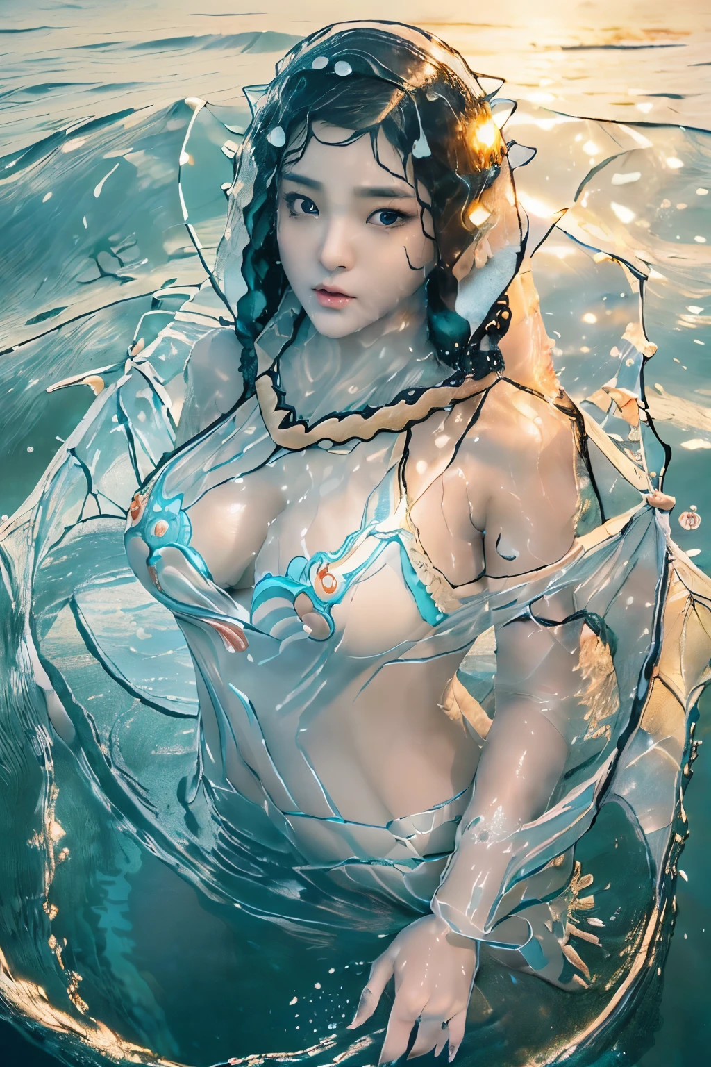 ((Best Quality　8K Masterpiece)) japanese beauty girl　(kawaii:1.6) 17 age　the golden ratio　(beautiful symmetrical eye　shiny plump lips:1.2) (She's facing the front:1.6)、Looking at the camera　 (water spirit costume　A transparent veil wrapped in waves　water dragon wings:1.6)  (Fly on wings:1.5)　(slenderbody　beutiful breast:1.4)　sexypose　Detailed and fantastic background