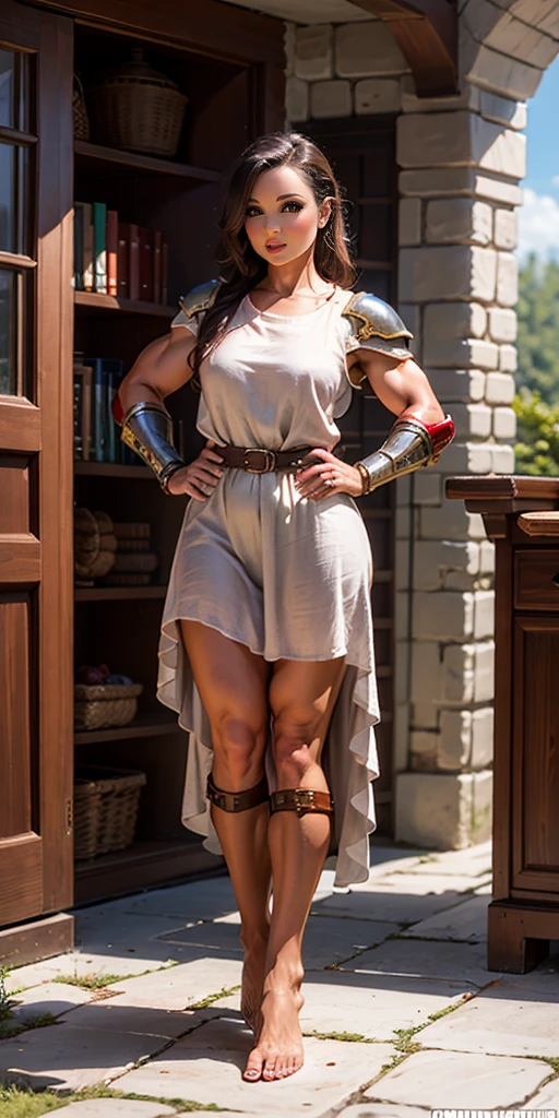 full body, female slave barefoot, Solo, female, (red skin), linen tunic, fantasy village, muscular, armor, slave outfit