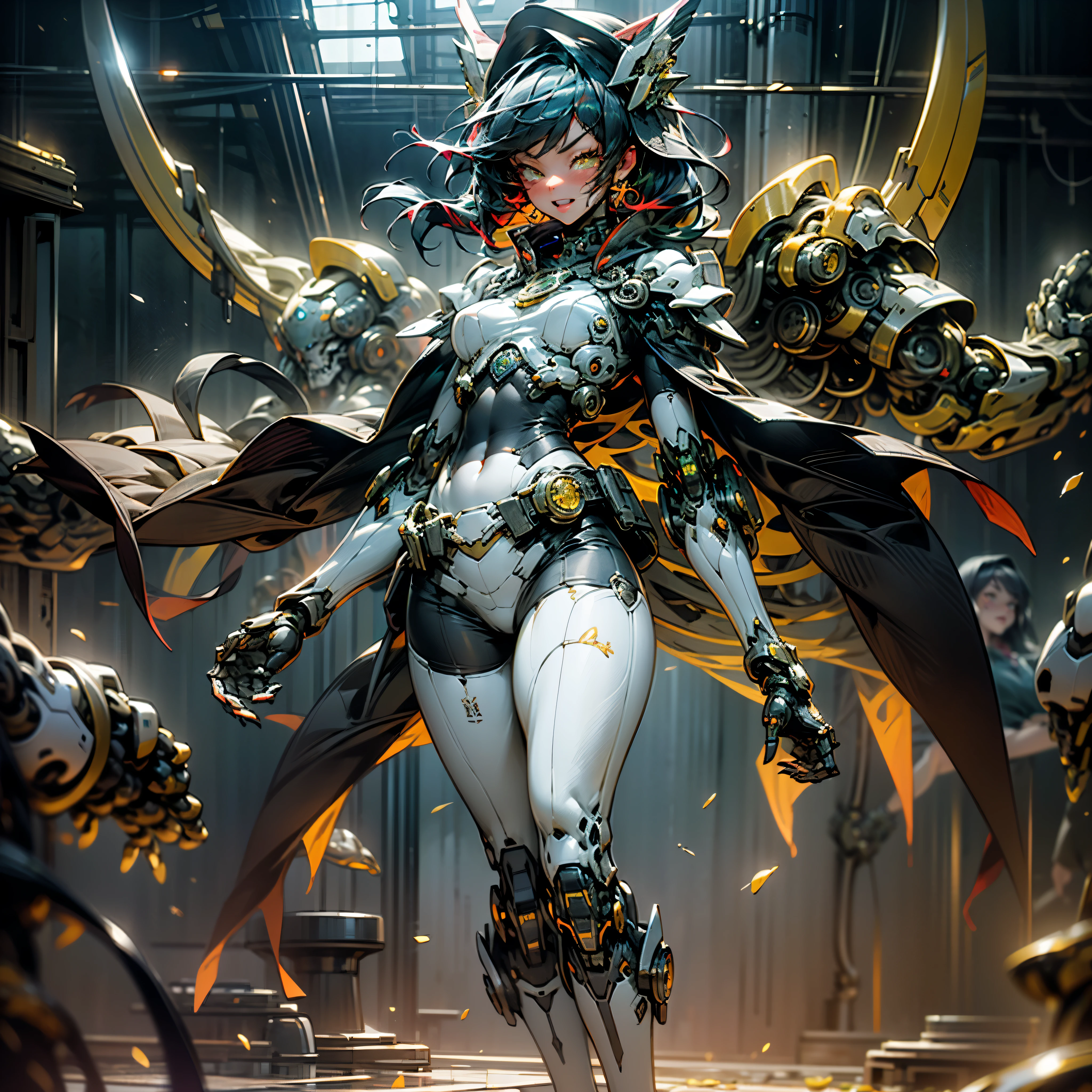 full body woman as an archangel, with black purple cyberdroid, mecha-armor, wearing a short blusher veil, messy hairdo, golden mecha-halo on top of the head, heavy Arch angel mecha-wings, visible face, big chest, bikini armor