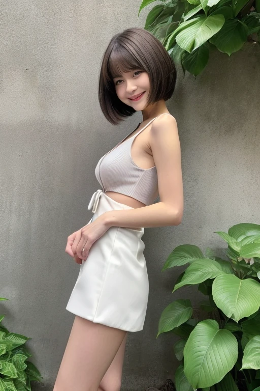 Japan Beauty,High r,Standing,Photo from the front,a smile
(Detailed body,lean body,Small breasts,Small,big breasts thin waist,thick butt,Thick thighs,Thick calf,White sandals)
(detailed photo composition,is standing,FULL BODYSHOT,full body shot,Shot straight ahead,Standing,eye level photo)
(A detailed face,elongated facial contour,少しa smile,Sharp cheeks,Round chin,neat nose)
(A detailed eye,Looking at the camera,skinny cheeks,Round chin,Slender eyes,Beautiful eyes,Dark gray eyes)
(Detailed hair,Bob cut hair,a little brown hair)
(detailed costume,Navel Ejection,Red Tank Top,White super mini skirt)
(Detailed shooting location,wall of leaves)