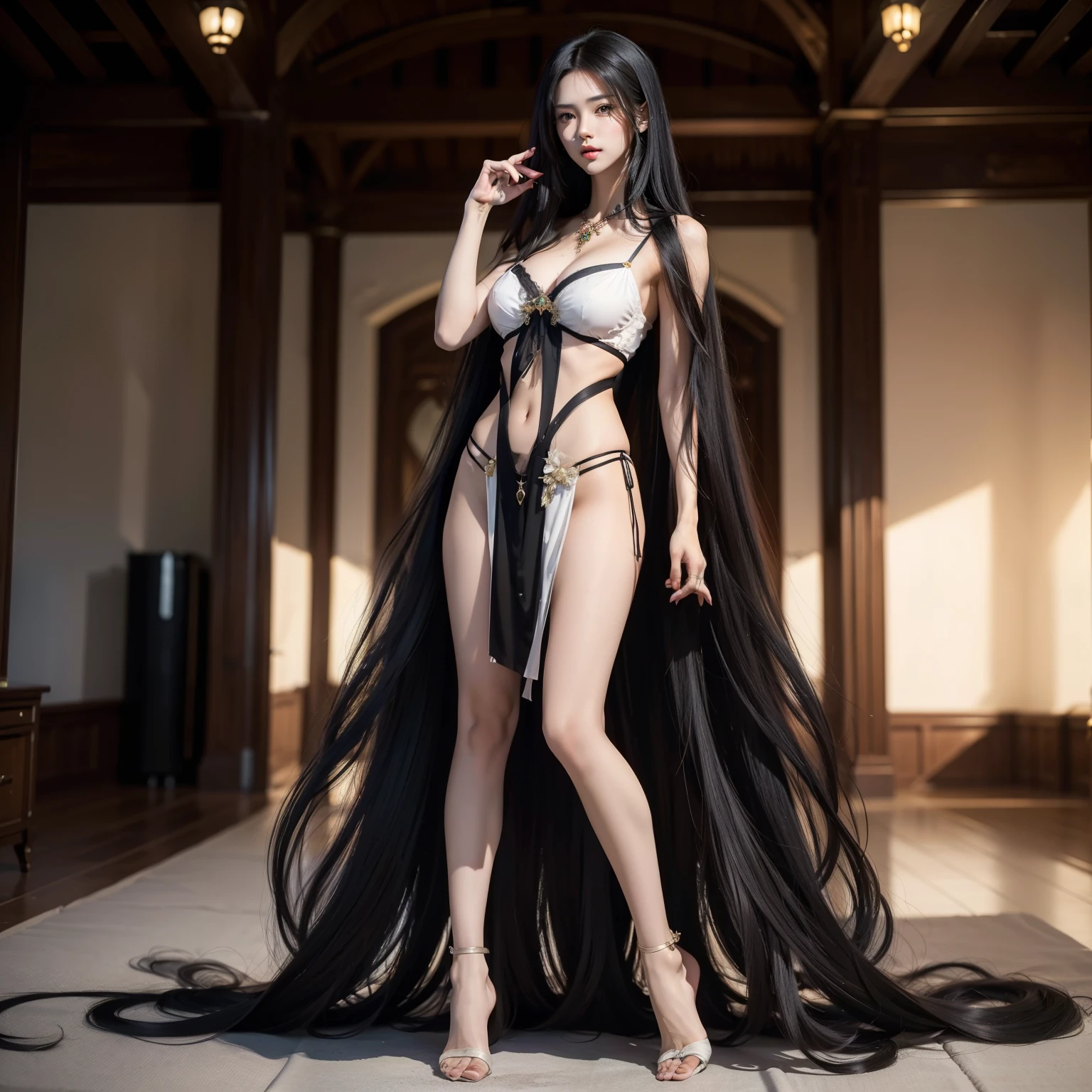 ((Top image quality,top-quality,Top resolution,hyper realistic photography,Full body photo,​masterpiece,1 girl,Very beautiful face,Super Super Long Hair,hair length about 3 meters,Straight black hair,Black hair longer than height,Black hair that has not been cut for more than 20 years,Slender body,White underwear or naked,Indoor Location,8ｋ,Two hands,Two legs,5 fingers,)),Winner of the World Long Hair Contest,Full body real photo,Head-to-toe photo,Photo taken from about 4 meters away,Super Real,Stand up straight,She has super long hair that covers her entire body,The longest black hair in the world,Body buried in hair,Long black hair is silky,Hair longer than Rapunzel,Make every hair super realistic、