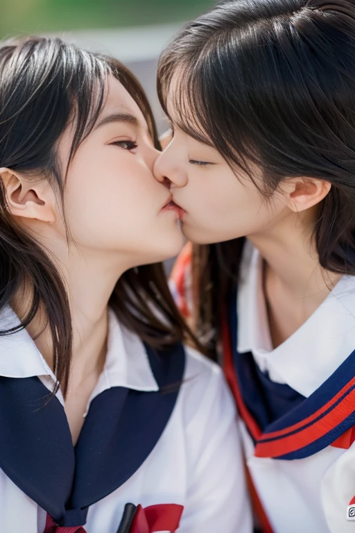 (((​masterpiece))),  (Best Quality,4K,High resolution:1.2), Ultra-detailed, Realistic portrait, Best Quality,(‎Classroom),(passionate scene),Two beautiful girls are kissing、(intense emotion), (koi), (kiss:1.1),Close-up of the face, (Closed eyes),student clothes、a sailor suit