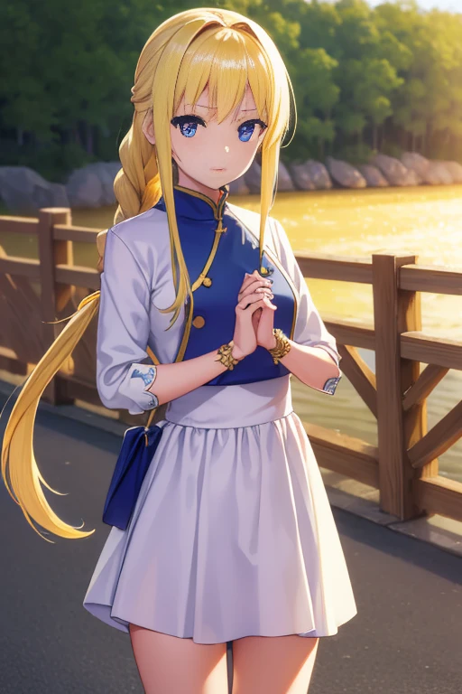 Alisesberg, Alice Zusberg, Bangs, Blue eyes, Blonde hair, hair between eye, Very long hair, braid, shairband, white shairband,White dress,Black tights,one golden sword,I'm holding it with both hands、戦闘態勢
BREAK outside, forest,
BREAK looking at viewer, BREAK (masutepiece:1.2), Best Quality, High resolution, Unity 8k壁纸, (Illustration:0.8), (Beautiful detailed eyes:1.6), extra detailed face, Perfect Lighting, extremely details CG, (Perfect hands, Perfect Anatomy),