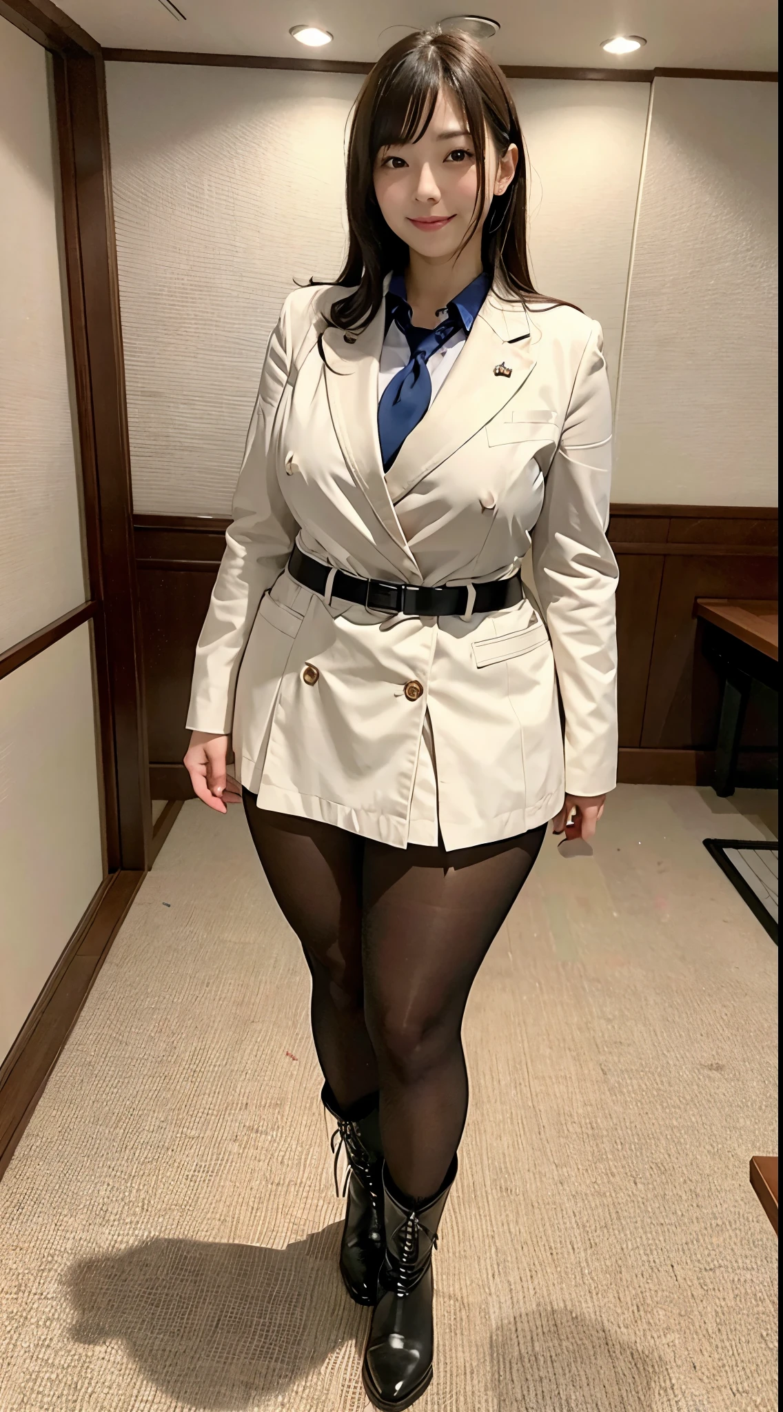 8K,high-level image quality,A Japanese Lady,1 personality),female high-school student,A smile,tall,thick plump thighs,,a miniskirt,Face in Focus,nude,The sides are visible,sexy pose,luxury hotel,Whole body,wear boots,is standing,Wearing a school uniform,I can't see the chest,pantyhose
