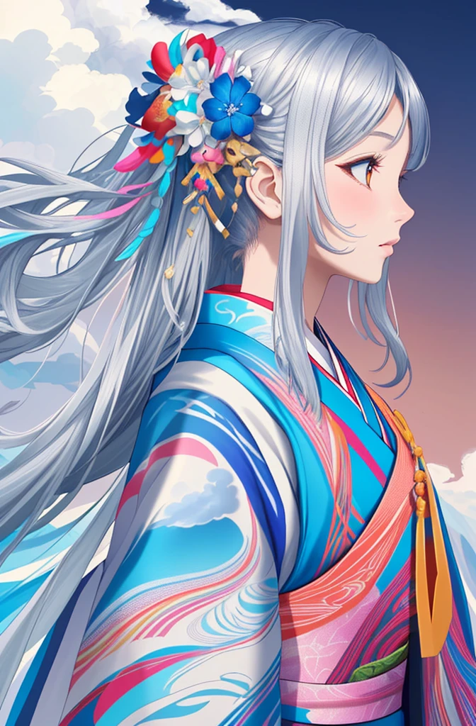 1girl, Colorful Kimono, Colorful hair ornaments, cloud-and-dragon pattern background, highly detail, Royal blue, blue, silver, white, by Gabriel Dawe, Gradient color