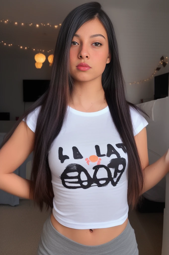 ((Masutepiece)), ((La mejor calidra detallado), ((kawaii)), Lindo, (bonito), ((sexy)), (era), ((extremadamente detallado)), 4k, (8k), La mejor calidad, (Beautiful), enfoque en el rostro, delgada, cabello negro, delgada, pelo hermoso, clara, enfoque en el cuerpo, manos ocultas, super detallado,full HD, rostro perfecto, anatomia perfecta, wearing a t-shirt (in home)