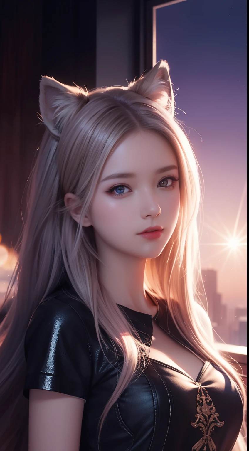The SilverWolfV4, a true masterpiece of design, captured in a stunning illustration with delicate and hyper details, its eyes expertly crafted to have a mesmerizing glow and pink lens flare, all set against a breathtaking cinematic background.