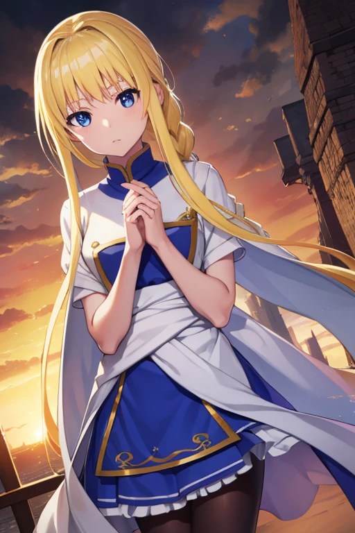 Alisesberg, Alice Zusberg, Bangs, Blue eyes, Blonde hair, hair between eye, Very long hair, braid, shairband, white shairband,White dress,Black tights,one golden sword,I'm holding it with both hands、戦闘態勢
BREAK outside, forest,
BREAK looking at viewer, BREAK (masutepiece:1.2), Best Quality, High resolution, Unity 8k壁纸, (Illustration:0.8), (Beautiful detailed eyes:1.6), extra detailed face, Perfect Lighting, extremely details CG, (Perfect hands, Perfect Anatomy),