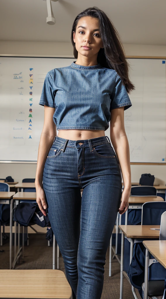 araffe in a classroom with a desk and a projection screen, skinny waist and thick hips, good hips and long legs, standing in class, student, wearing tight  clothes, tight denim jeans, black extremely tight jeans, wearing jeans, back and standing, thick thigs, in a classroom, wide hips, tight fit, jeans, casual pose, great proportions