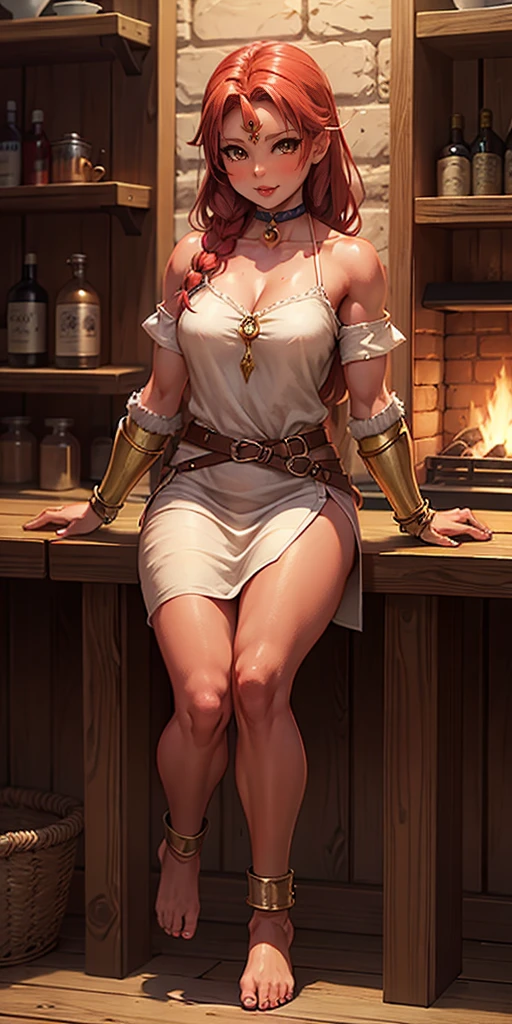 full body, female slave barefoot, Solo, female, (red skin), linen tunic, fantasy village, muscular, armor, slave outfit, armor, slave, bracers, shackles, choker