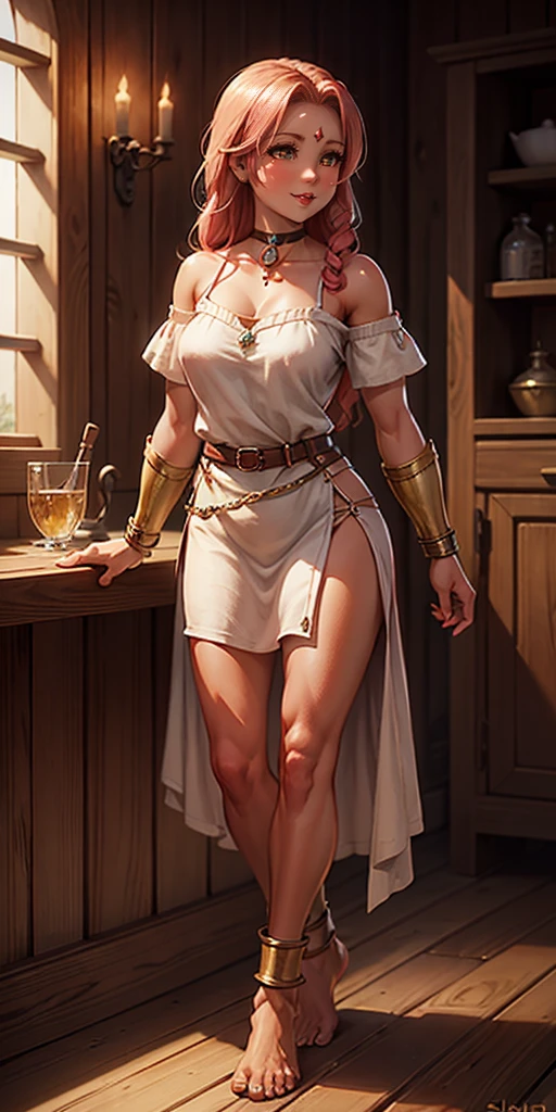 full body, female slave barefoot, Solo, female, (red skin), linen tunic, fantasy village, muscular, armor, slave outfit, armor, slave, bracers, shackles, choker