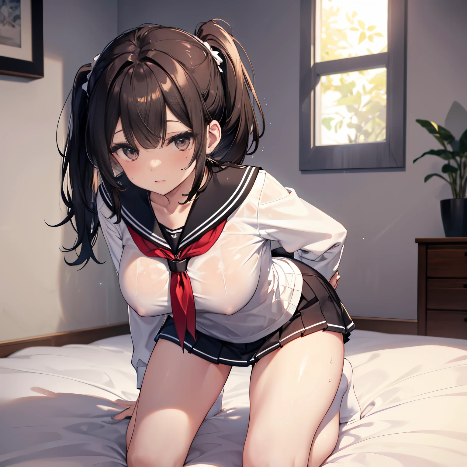 Big breasts wife,side single ponytail,Black-brown hair,There is a mole under the left eye,Alone,,Wear a sexy sailor suit,Inside the room,,And the shape of the female official is clearly visible,There are deep lip marks on,put your hands on your,Wet,and the body is soaked,perspiring,,longing unsatisfied, White panty hose,There is leakage between thighouth full,stooped,posterior view,kneeling on a bed ,White viscous fluid leaking from the middle of the thigh,see the back