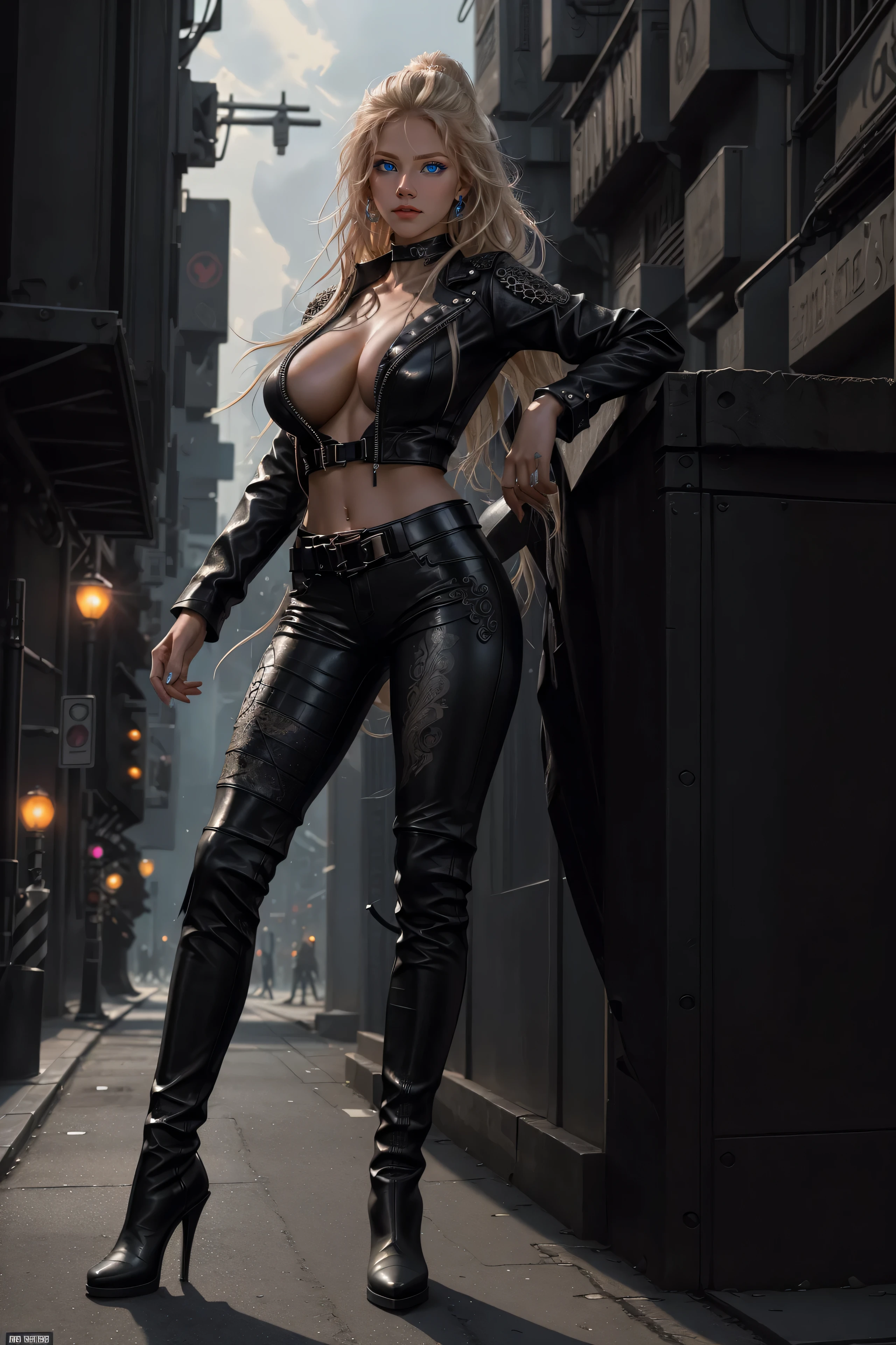 beautiful girl, ((chin: 1.4)), (confident gaze: 1.1), full body, long bright neon streaked blonde hair, ((realistic, highly detailed eyes: 1.4)), ((seductive pose : 1.2)), (full breasts: 1.2) black eyeshadow , (street style wear: 1.2), ((skinny leather pants)), ((knee-high leather boots)), ((dark, dead city street background: 1,4)), dark makeup, digital art, trendy artstation, highly detailed, fine details, intricate, detailed facial features, sharp focus, smooth, aesthetic futuristic, cyberpunk, sci - fi city street night