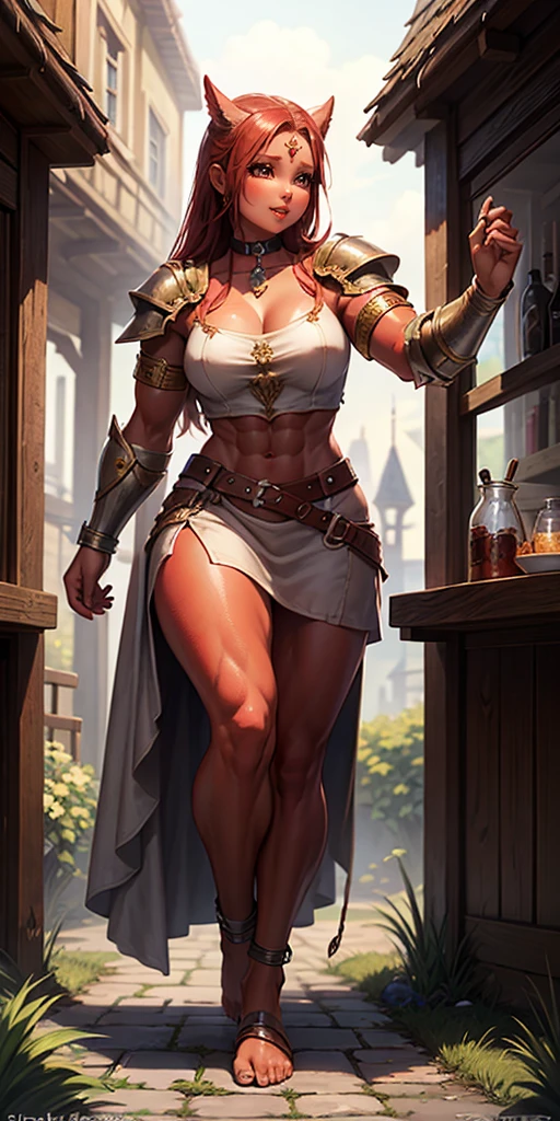 full body, female slave barefoot, Solo, female, (red skin), linen tunic, fantasy village, muscular, armor, slave outfit, armor, slave, bracers, shackles, choker