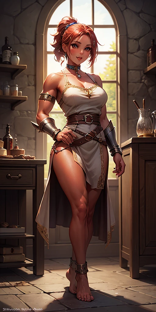 full body, female slave barefoot, Solo, female, (red skin), linen tunic, fantasy village, muscular, armor, slave outfit, armor, slave, bracers, shackles, choker