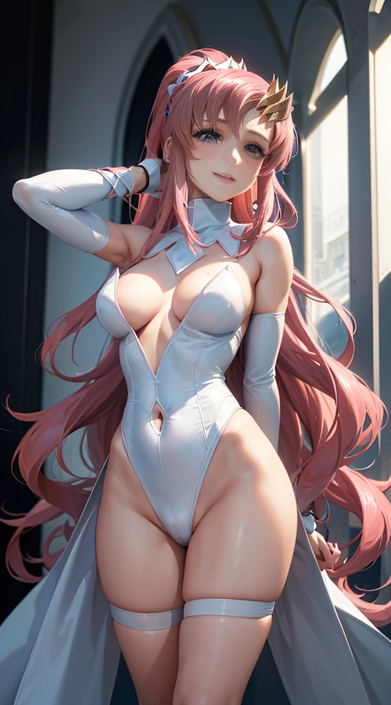 (((masterpiece))), perfect lighting, official art, Lacus Clyne, 1girl, pink long hair, hair ornament, slender body, smile, blush, (((tight bondage, not wearing underwear))), (((provocative pose))), focus on people,