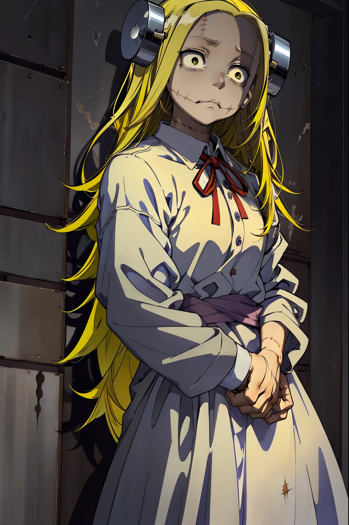 Madaraki_Fran,A  girl , Scared ,the madhatter ,surgeon&#39;gown ,Scared , Clean hands ,stunned, hairlong , yellow hair,seams , Scars on the body , A creepy look , scary eyes , An intimidating look , creepy smile , bags under eyes, ((((Tired)))) ,Disgruntled , Scared