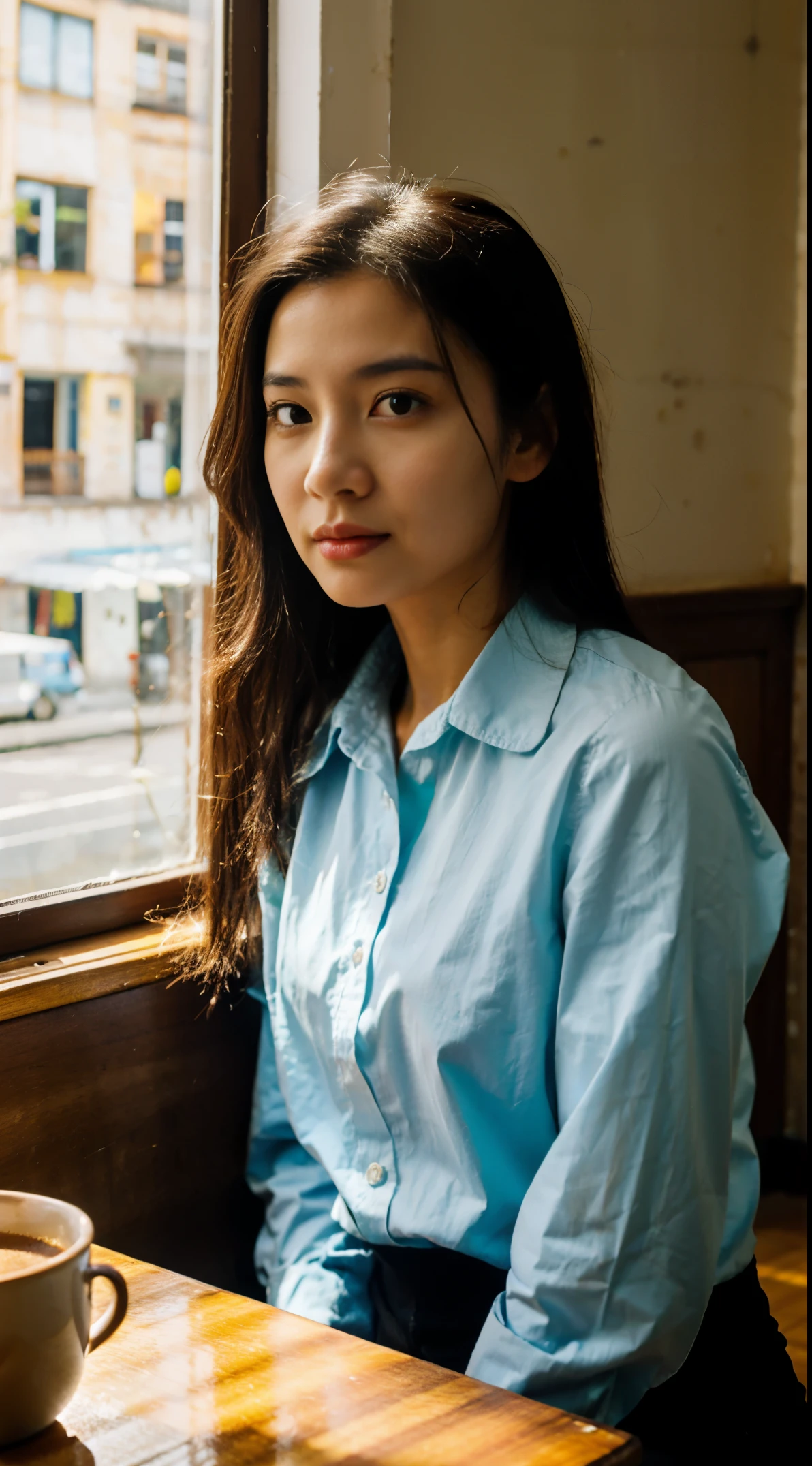 Sitting at a table in a café、sunlight streaming through window、A vietnamese  Lady,, Dynamic Pose, Skin Texture,, Shiny skin, (slim, Petite:1.2), [:(sharp focus on face, Detailed face, Perfect eyes, view the viewer:1.2):0.2], Photorealistic, film grains, Best Quality, masutepiece，30s，Realistic skin type, collared long sleeves shirt，black long hair, sad, looking at another