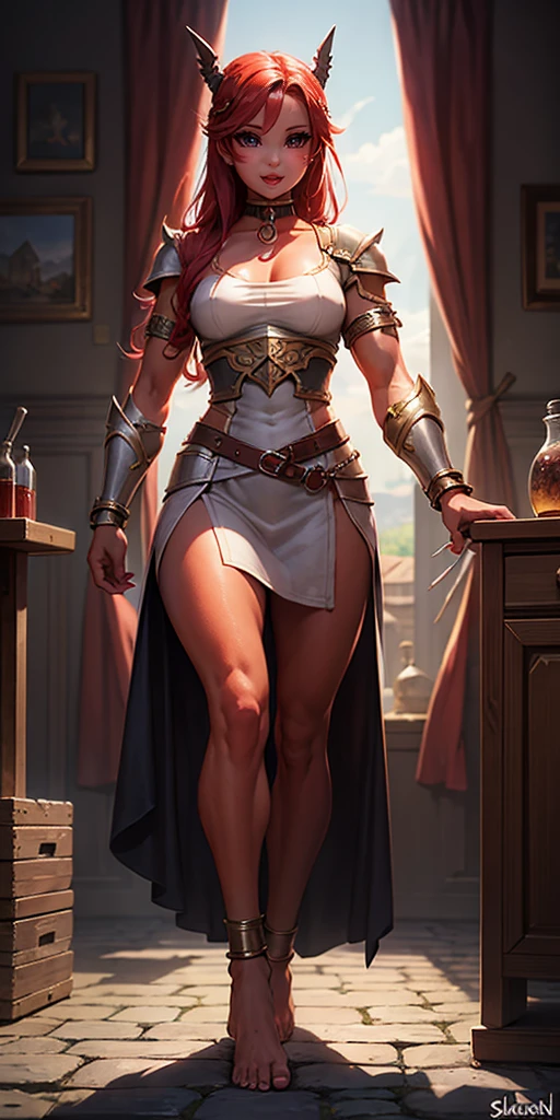 full body, female slave barefoot, Solo, female, (red skin), linen tunic, fantasy village, muscular, armor, slave outfit, armor, slave, bracers, shackles, choker