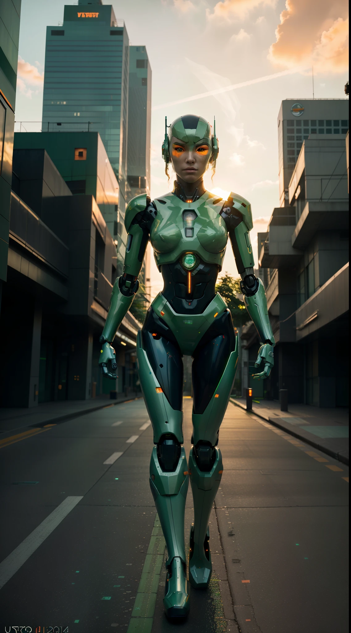 The prompt for the given theme "sunset, cyberpunk, robot walking on the earth, surreal, green and orange tones, high definition, high precision" can be:
"(best quality, 4k, highres, masterpiece:1.2), ultra-detailed, (realistic, photorealistic, photo-realistic:1.37), cyberpunk atmosphere, mesmerizing sunset, a futuristic robot confidently striding across the earth's surface, surreal elements, vibrant green and orange color scheme, precise and sharp details, professional lighting effects, bokeh".