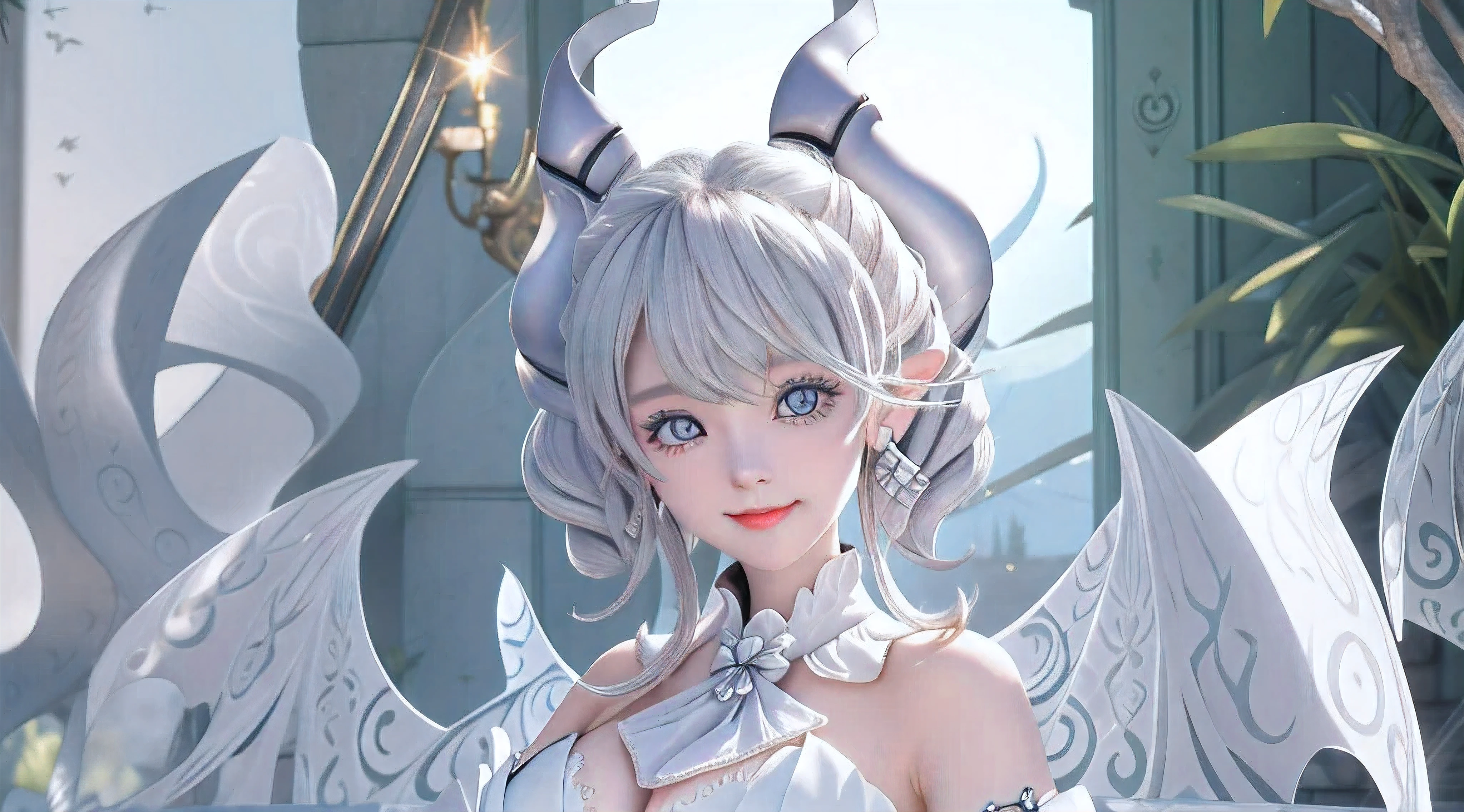 3dmm style, (masterpiece, best quality), Labrynth, 1girl, duel monster, breasts, horns, wings, gloves, solo, pointy ears, grey eyes, large breasts, laugh out loud, white gloves, cleavage, dress, demon horns, earrings, white hair, jewelry, looking at viewer, demon wings, look the other way, background clear full HD, small eyes, platinum hair, full body, not see hand, hide hand