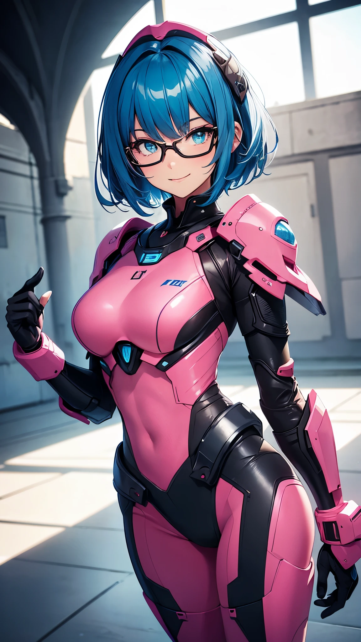 masterpiece, highest quality, 1girl, teenager, Short blue hair, Cyan eyes, pink armor, arch, Masterpiece, hiquality, slim, smiling face.  wearing futuristic glasses, open mouth. talking. looking at viewer, cowboy shot, standard portrait.