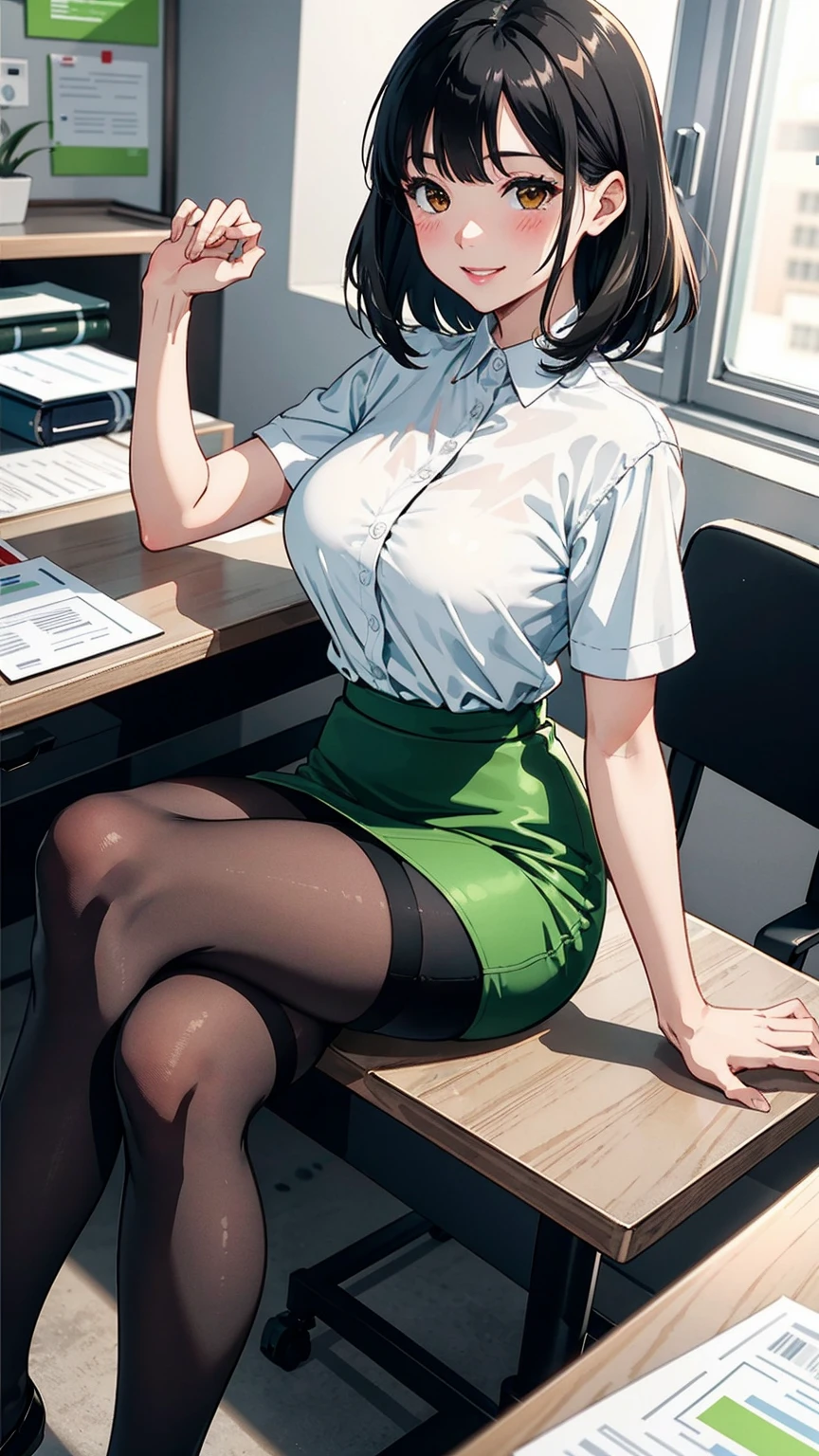 (modern office indoors), 1lady ((solo)), (brown eyes), (black medium hair), bangs, (office casual pencil skirt green), (white shirt), (id card), blush kind smile, (masterpiece best quality:1.2), delicate illustrations, high resolution, ultra-detailed, large breasts, (black stockings), (sitting)