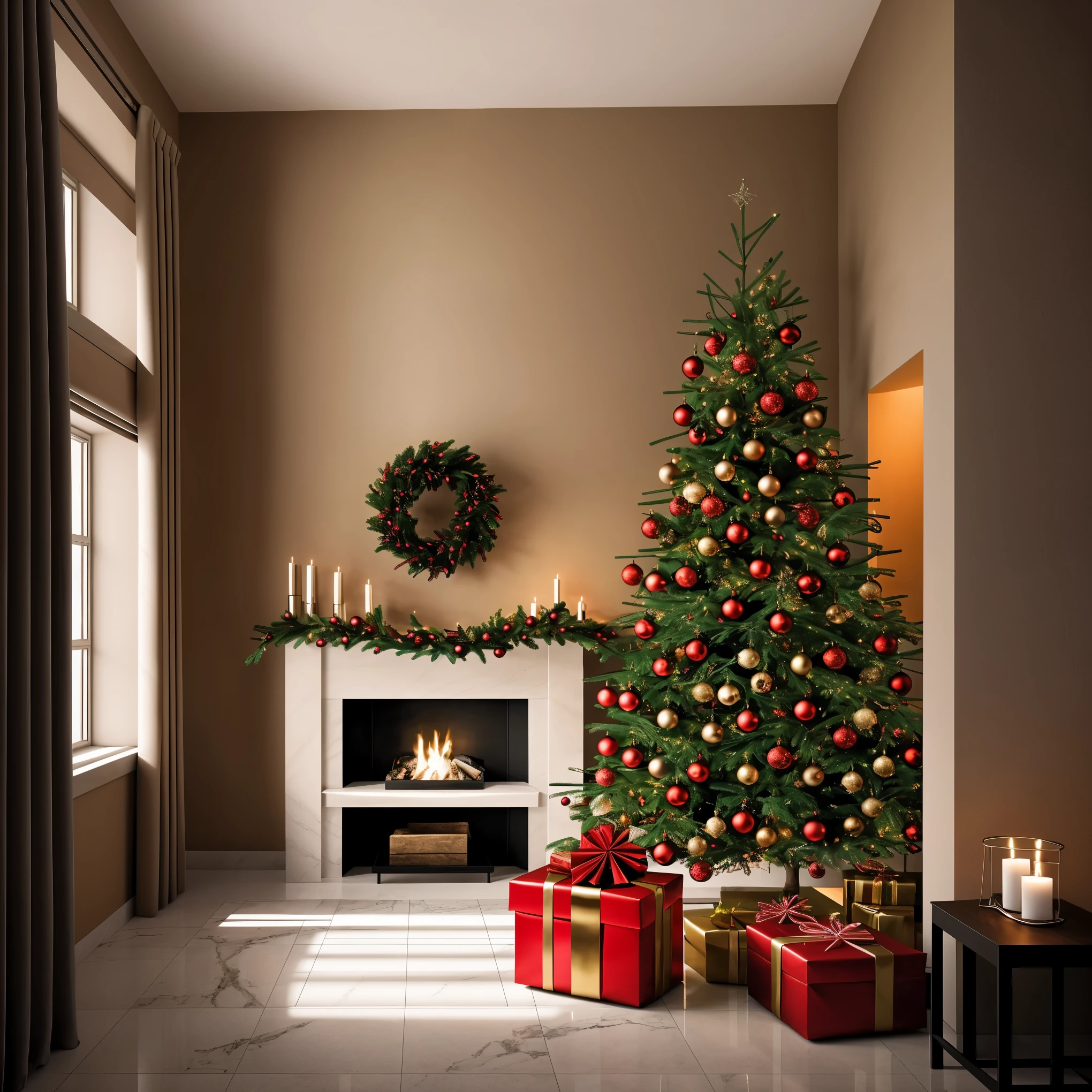 An ultra-detailed, high-resolution (best quality, 4k, 8k, highres, masterpiece:1.2), realistic (realistic, photorealistic, photo-realistic:1.37) artwork with a beautiful scenery and no humans. The scene is set indoors during Christmas time. The focal point of the image is a magnificent Christmas tree adorned with colorful ornaments and twinkling lights. The tree stands tall and grand in the center of the room, surrounded by beautifully patterned tiles that add depth to the image. Behind the tree, there are sliding doors leading to a patio with a glimpse of the outside world. The walls of the room are decorated with festive decorations, and a lush plant sits in one corner, adding a touch of greenery. Natural light streams through a large window, casting a warm and inviting glow on the scene. The air is filled with a sense of anticipation and joy as the room is filled with beautifully wrapped gifts waiting to be opened. The overall color palette is rich and vibrant, with a harmonious blend of red, green, and gold tones. The lighting is carefully crafted to create a cozy atmosphere, with soft shadows adding depth and dimension to the image. This artwork captures the spirit of Christmas and the beauty of the holiday season in a highly detailed and visually stunning way.