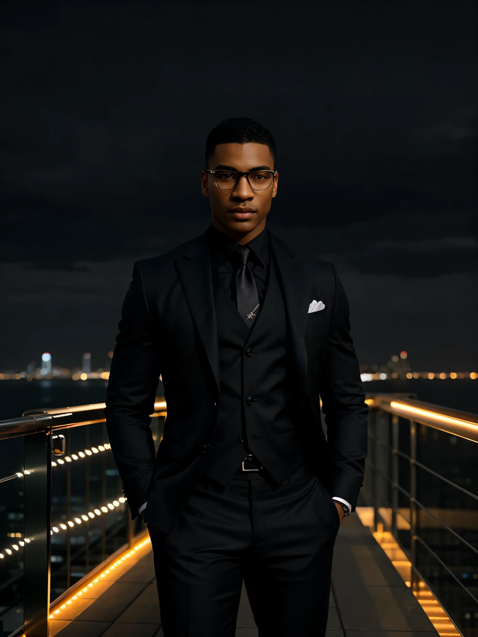 A man with a strong and confident presence, defined features, and a captivating gaze, man of black origin, fair skin, He stands tall and proud, with a well-built physique. His hair is cut short with a taper fade. wearing thin frame glasses

The man wears a stylish and impeccably tailored suit, [dark-colored] with a modern twist. The suit accentuates his masculine frame and speaks of his refined taste. The fabric has a luxurious texture, with subtle patterns that catch the light. Every detail, from the buttons to the stitching, is meticulously crafted.

The background showcases a bustling cityscape, with tall skyscrapers piercing through the clouds. The city lights illuminate the night sky, creating a dynamic and vibrant atmosphere. The  setting symbolizes the man's ambition and success, hinting at a story of determination and accomplishment.

The overall image is of [photorealistic] quality, with sharp focus and attention to detail. The colors are rich and vivid, creating a visually striking composition. The lighting emphasizes the man's strong features, casting intriguing shadows that add depth to the scene.