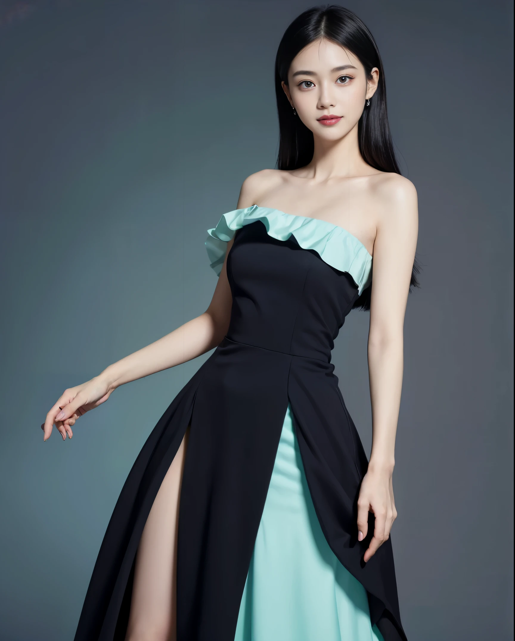 ((Best quality, 8k, Masterpiece :1.3)), 1girl, smiling, full body, slim face, Pretty woman, (black hair), full length dress :1.1, Ultra-detailed face, Detailed eyes, Double eyelid, blur background, slim face, outside, pink, blue, green, cyan, red, black, white, violet, purple, yellow, light color, dark color, colorful, multiple color