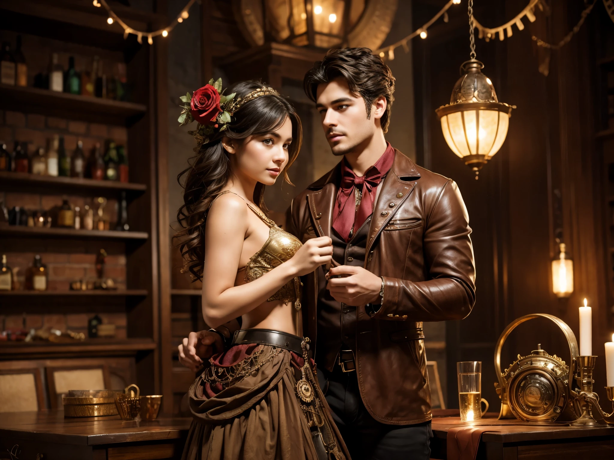 Visualize Cupid in a steampunk-inspired workshop crafting 3D hearts and roses with gears and intricate machinery, surrounded by swirling fractal patterns that represent the magic of love, enormous titull body:1.5)