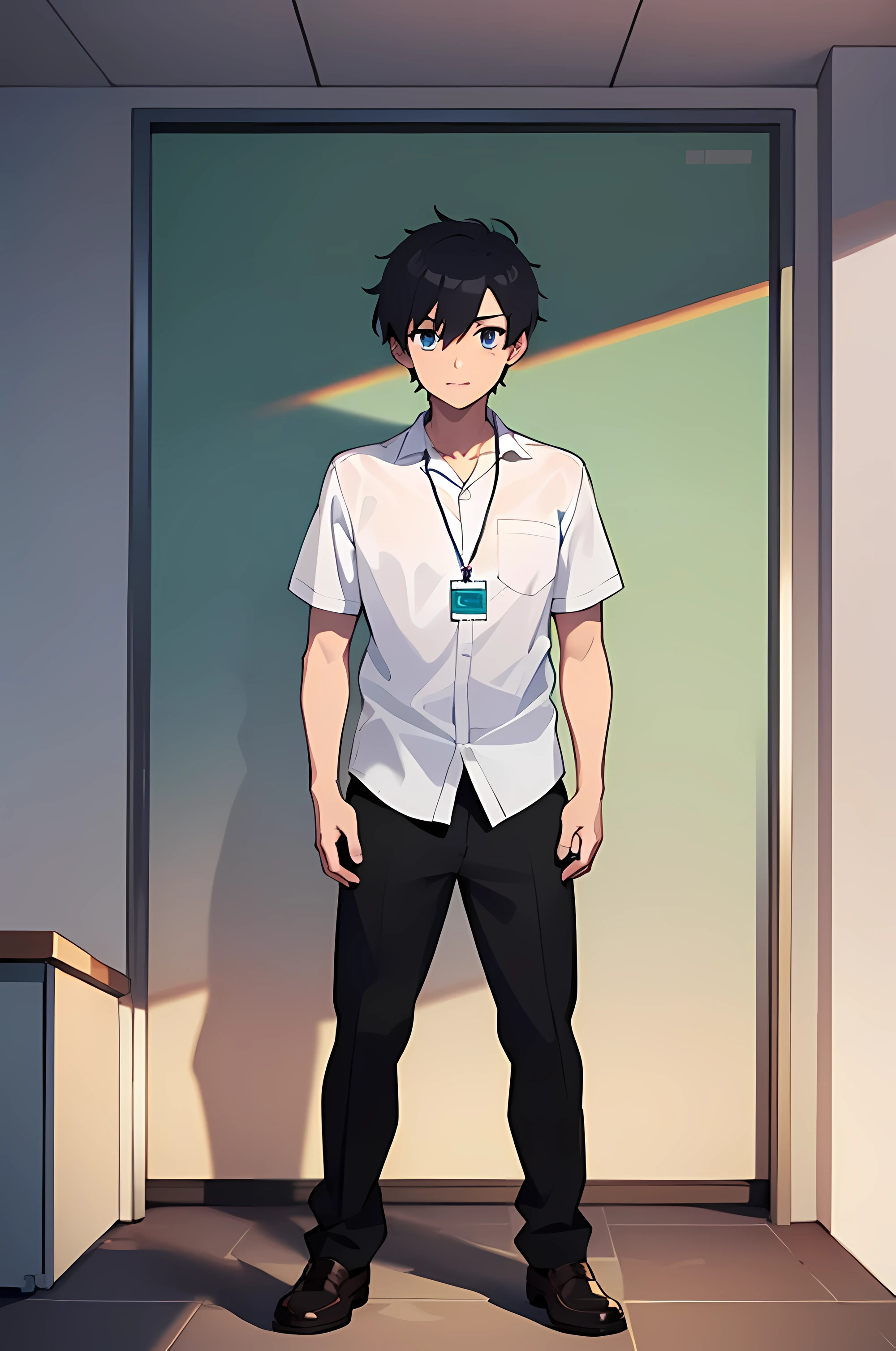 ((best quality)), ((masterpiece)), (high quality:1.1), 1man, solo, (male:2), teenage male, ******, happy, solo, anime face, (anime:1.2), (detailed eye:1.5), clear eyes, quality eyes, (Untucked Shirt:1.5), student, white school shirt (plain white), short sleeves, long black pants, ((wearing lanyard, (lanyard:1.1)), black school shoes, full body, standing, classroom, school, anime, line art anime