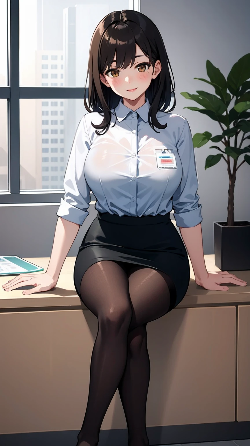 (modern office indoors), 1lady ((solo)), (brown eyes), (black medium hair), bangs, (office casual pencil skirt green), (white shirt), (id card), blush kind smile, (masterpiece best quality:1.2), delicate illustrations, high resolution, ultra-detailed, large breasts, (black stockings), (sitting)