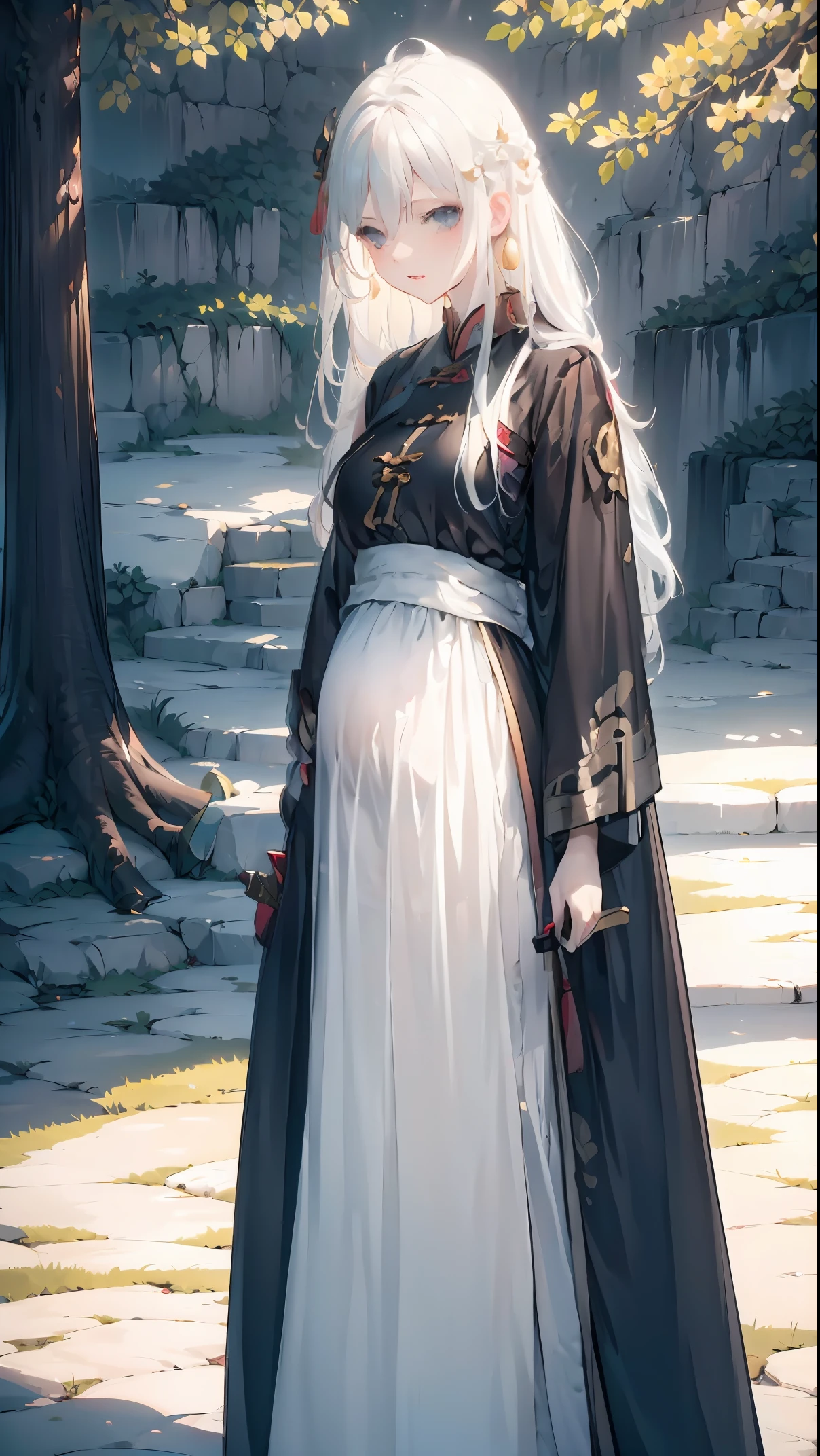 Golden hairpin, white ash hair, black shirt, white skirt, (black cloak:1.2), pale face, sweating, heavy breath, blushing, pregnancy dresest quality:1.2), ultra-detailed,realistic ,portraits, vivid colors, soft lighting, interesting PoV, stocking, straight hair, pregnant, Pregnant belly, Chinese sword, anime girl, solo girl