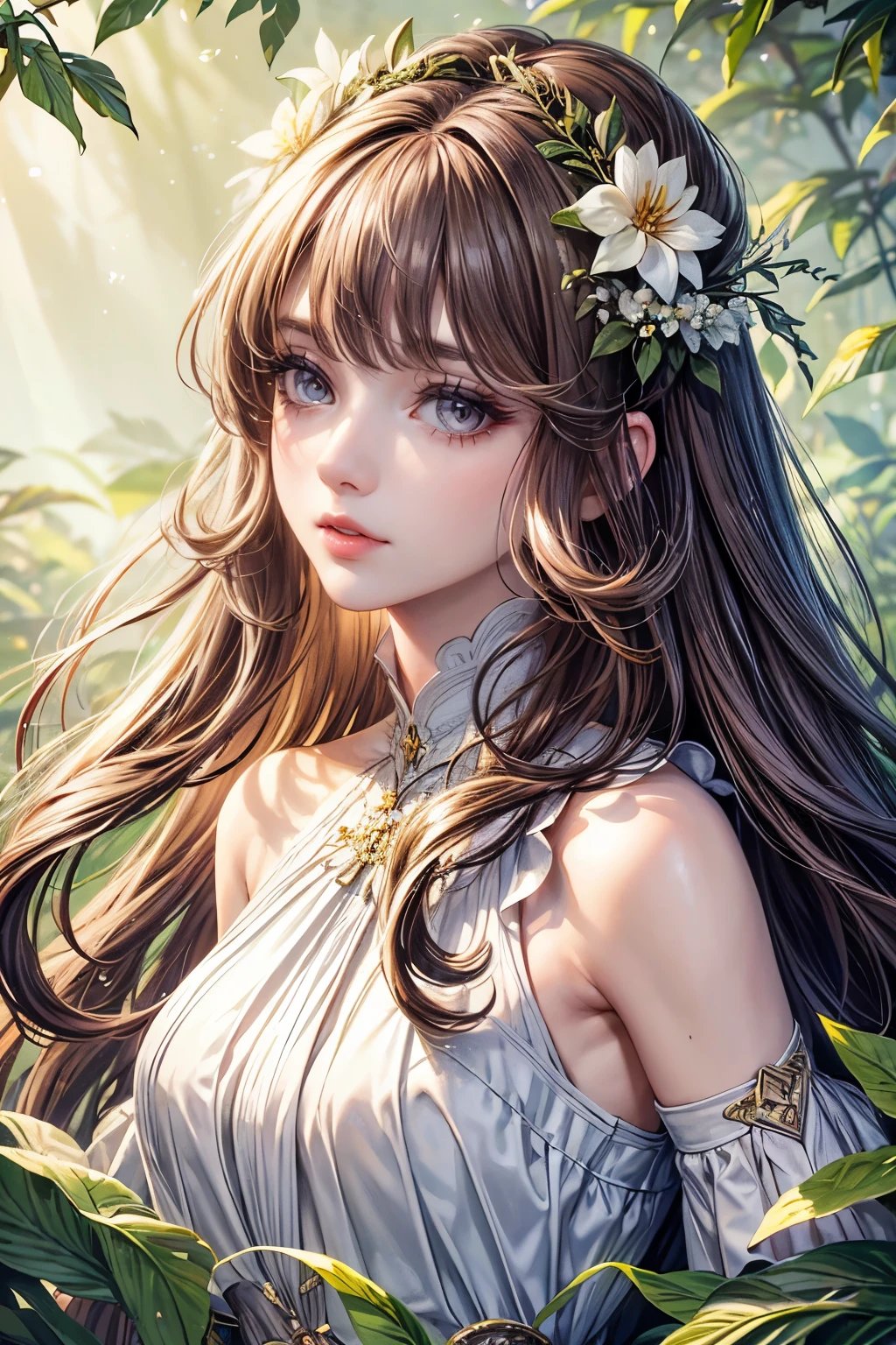 (Best quality,8K,CG),detailed upper body,lone girl,Floral forest background,Complex facial features,elegant long curly hair,Large almond-shaped eyes,Detailed eye makeup,Long eyelashes,Twinkling stars,Delicate lip detailing,Soft and harmonious style.