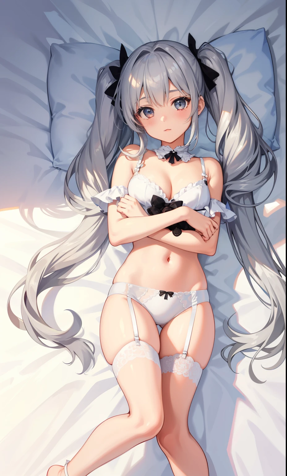 1girl in、As-、Cute underwear、Detailed Lace Lingerie、FULL BODYSHOT、(long silver twintails)、Hug a cute stuffed animal