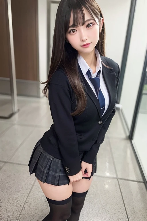 Pretty girl standing, thin legs, high heels on the ground, classroom, (masterpiece:1.3), (8k, photorealistic, RAW photo, best quality: 1.4), (1girl), beautiful face, (realistic face), black hair, long hair, beautiful hairstyle, realistic eyes, pretty detailed eyes, realistic skin, beautiful skin, super high resolution, super realistic, very detailed, golden ratio, cute, cute female teacher, high school girl in jk uniform, surreal high school girl, short skirt, tight skirt, pantyhose, black stockings, full body view, thin arms, big breasts