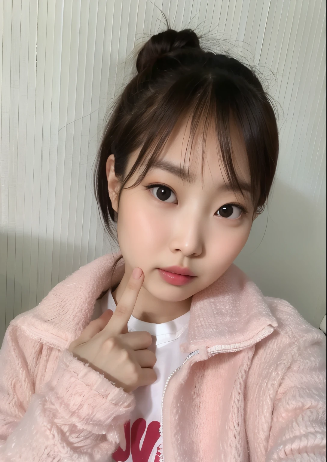 There's a woman in a pink jacket posing for a photo, Ulzzang, young adorable korean face, Chiho, franja fofa, com bonito - fino - rosto, young cute wan asian face, Lalisa Manobal, ****** bonito-fino-cara, ****** coreana, Rosto bonito das ******s japonesas, wan adorable korean face, Shikami, rosto redondo macio