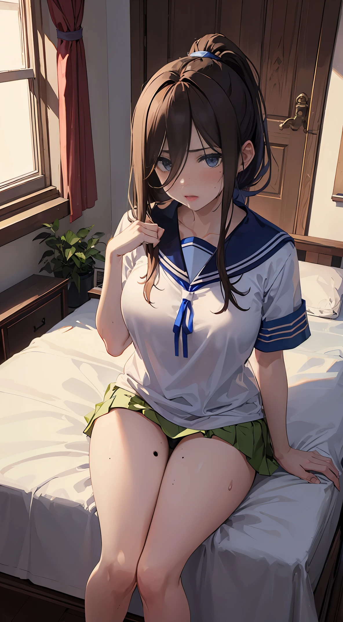 A wife,Single ponytail on the side,Black-brown hair,There is a mole under the left eye,Big breastull stature,Wearing a blue and white sailor suit,Black ultra-short pleated skirt,Room bed,Masturbation,And the shape of the female genital organs is clearly visible,There are deep lip prints on the panties,Not wearing Bra,The body is wet,Sweat,orgasmc,Desire for dissatisfaction,Sperm outflow,Bare legged,Disgusted Yan