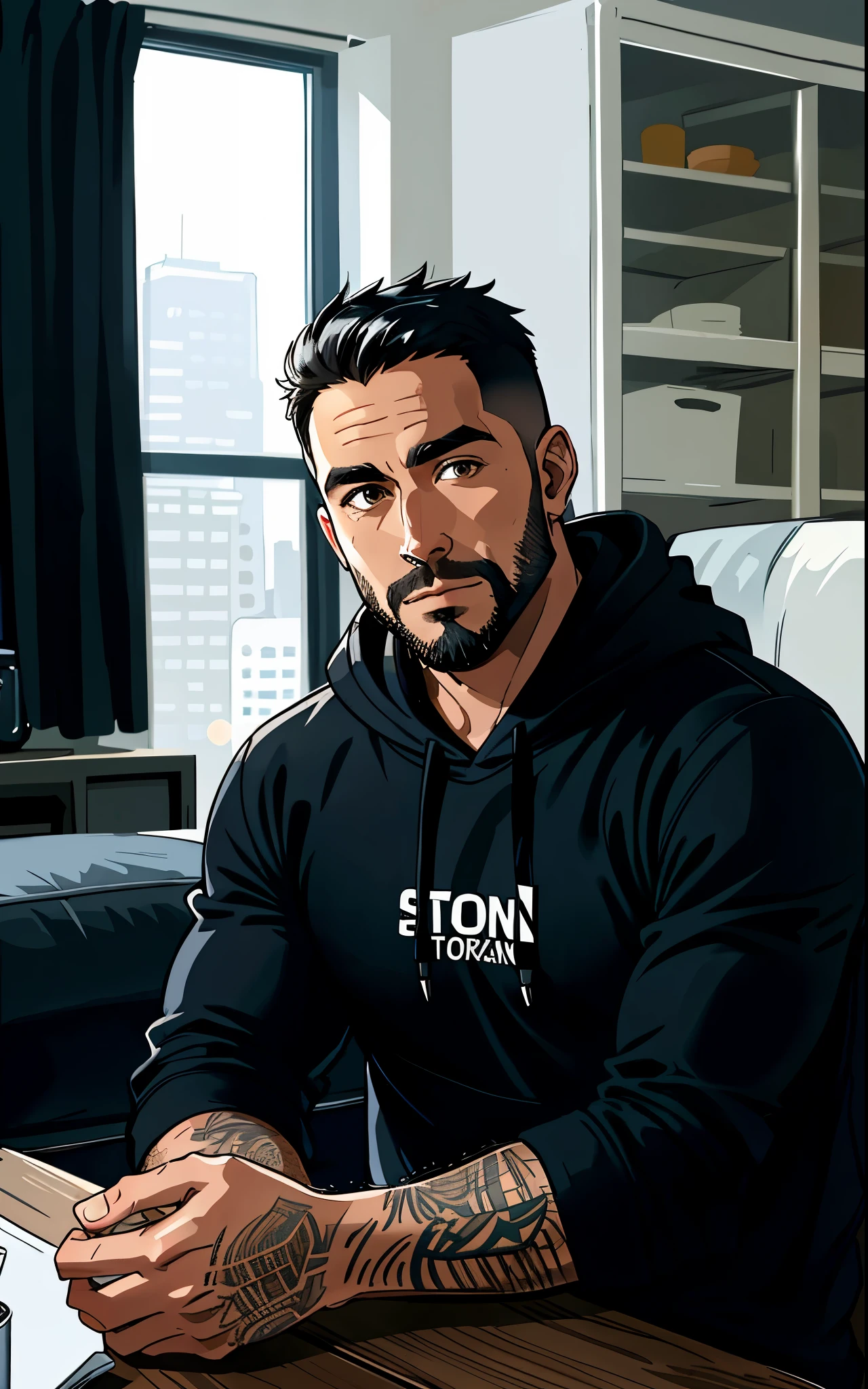 Photorealistic, best quality, hyper-detailed, stylish man in his thirties with a stubby beard and muscular build, selfie photo, upper body, solo, wearing a hoodie, indoors, (night), modern living room, authentic furniture, (cool, confident), analog style, looking directly at the viewer, intricate skin texture, film grain, close-up, ultra-high resolution, optimal shadow, RAW, Instagram LUT