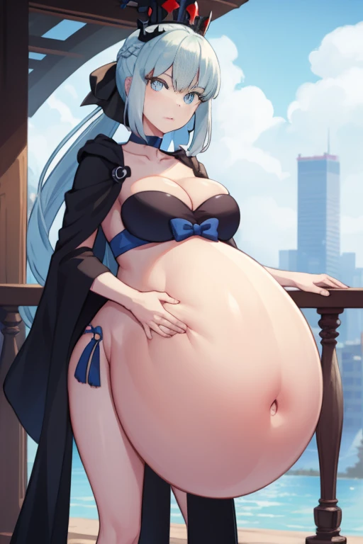 morganlefay, morgan le fay, black bow, bow, light blue hair, blue eyes, choker, hair bow, hair ornament, long hair, ribbon,
BREAK black veil, braid, cleavage, clothing cutout, collarbone, crown, navel, stomach cutout, veil,
BREAK outdoors, city,
BREAK looking at viewer,
BREAK (masterpiece:1.2), best quality, high resolution, unity 8k wallpaper, (illustration:0.8), (beautiful detailed eyes:1.6), extremely detailed face, perfect lighting, extremely detailed CG, (perfect hands, perfect anatomy), vore, big belly, large belly, vore belly, (vore belly:1.6), (large belly:1.4), good belly