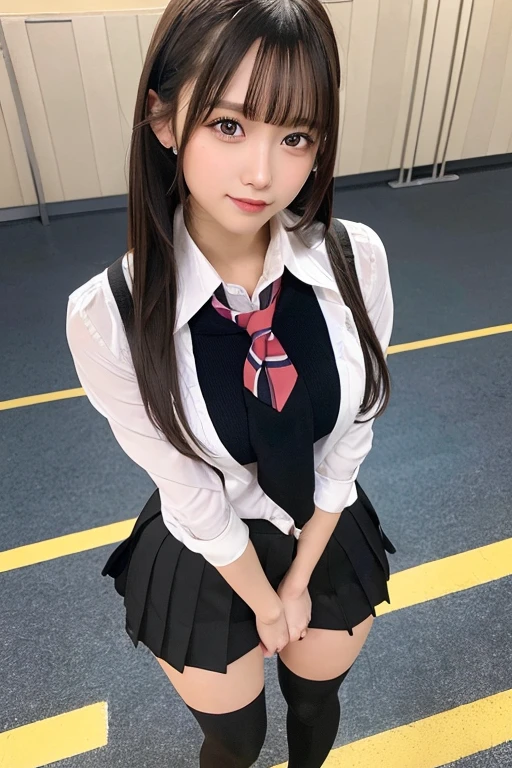 Pretty girl standing, thin legs, high heels on the ground, classroom, (masterpiece:1.3), (8k, photorealistic, RAW photo, best quality: 1.4), (1girl), beautiful face, (realistic face), black hair, long hair, beautiful hairstyle, realistic eyes, pretty detailed eyes, realistic skin, beautiful skin, super high resolution, super realistic, very detailed, golden ratio, cute, cute female teacher, high school girl in jk uniform, surreal high school girl, short skirt, tight skirt, pantyhose, black stockings, full body view, thin arms, big breasts