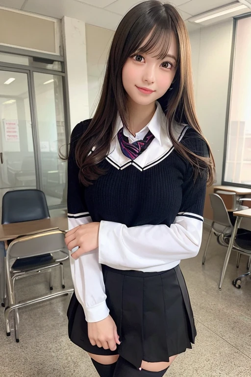 Pretty girl standing, thin legs, high heels on the ground, classroom, (masterpiece:1.3), (8k, photorealistic, RAW photo, best quality: 1.4), (1girl), beautiful face, (realistic face), black hair, long hair, beautiful hairstyle, realistic eyes, pretty detailed eyes, realistic skin, beautiful skin, super high resolution, super realistic, very detailed, golden ratio, cute, cute female teacher, high school girl in jk uniform, surreal high school girl, short skirt, tight skirt, pantyhose, black stockings, full body view, thin arms, big breasts