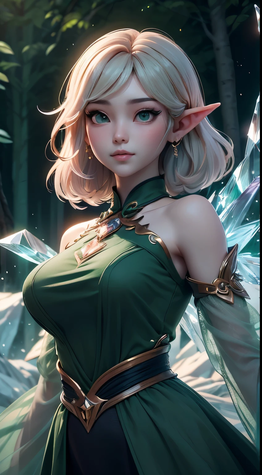 (Masterpiece, Top Quality, Best, Official Art, Beautiful and Aesthetic, Long Exposure: 1.2), Smooth Movement, Charming Patterns, 1 Girl, (Long Dress with Sleeves: 1.3), (((Green Clothes) )), upper body close-up, bare shoulders, Chinese girl, blush, black lob hair, portrait, solo, upper body, looking at the observer, detailed background, detailed face, (crystallineAI, crystalline theme:1.1), elemental wood elf, rotation foliage, control foliage, emerald clothing, dynamic pose, floating particles, ethereal dynamics, foliage, vapor, forest in the background, green tint, forest, ethereal atmosphere,