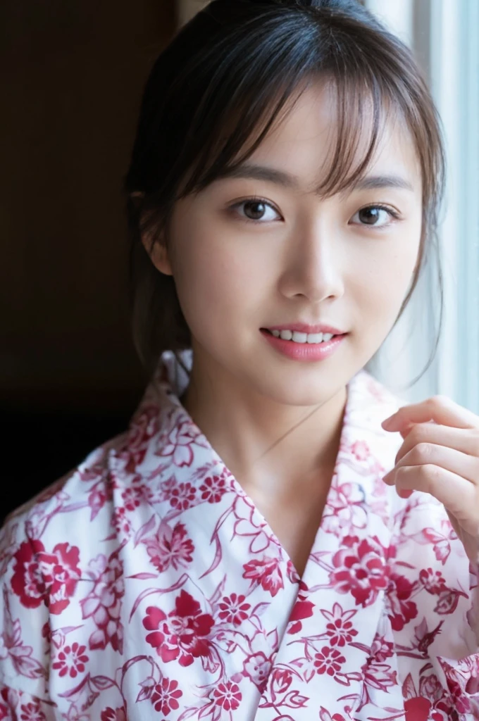 (On a table, Best quality, realistically, ultra - detailed, meticuloso, A high resolution, 8k wallpaper), Close-up portrait of a beautiful woman, Chariada, Smiling, light brown messy hair, Perfect dynamic composition, 美丽meticuloso的眼睛, Just like the cover of a fashion magazine, On campus